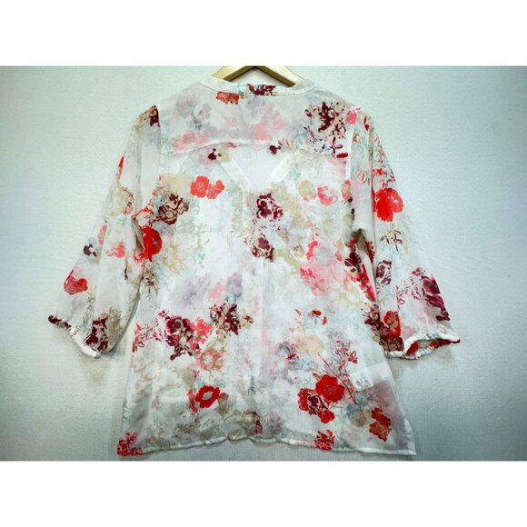 Eddie Bauer Womens Floral Button-Up Blouse Top Size MP Multicolor Sheer Boho - Picture 11 of 14